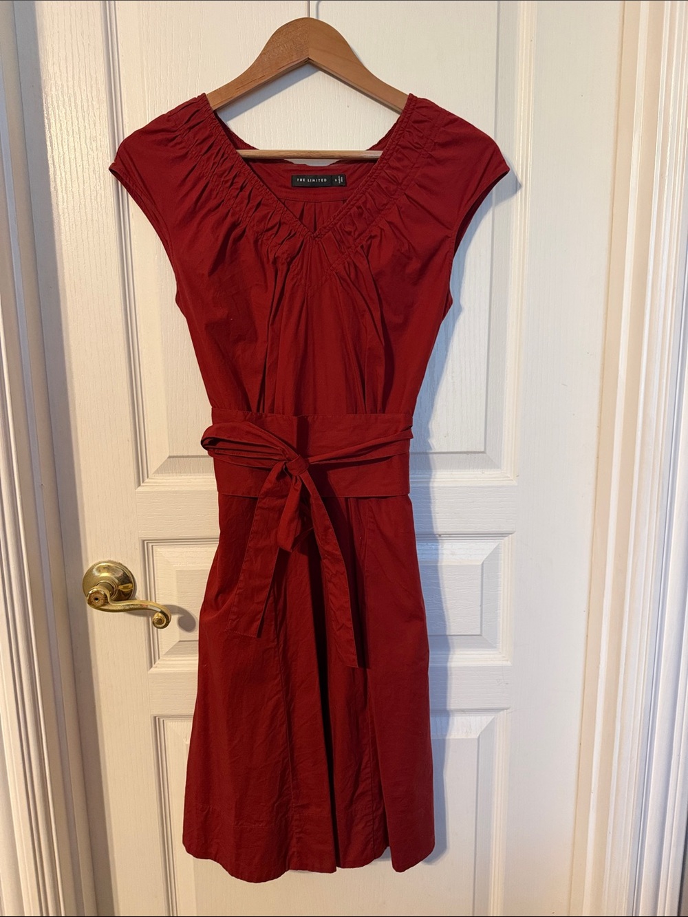 The Limited Red V-Neck Cap Sleeve Dress with Waist Tie